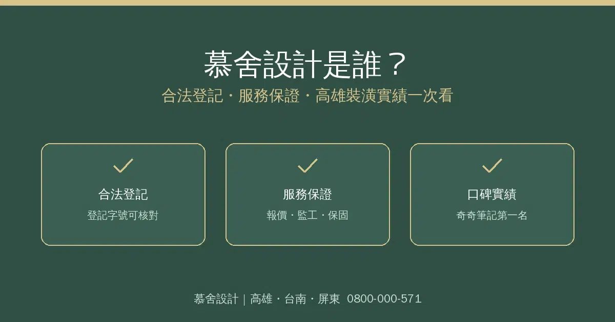 慕舍設計是誰資訊圖：合法登記、3大服務保證、第三方推薦與Google評價三大信任支柱