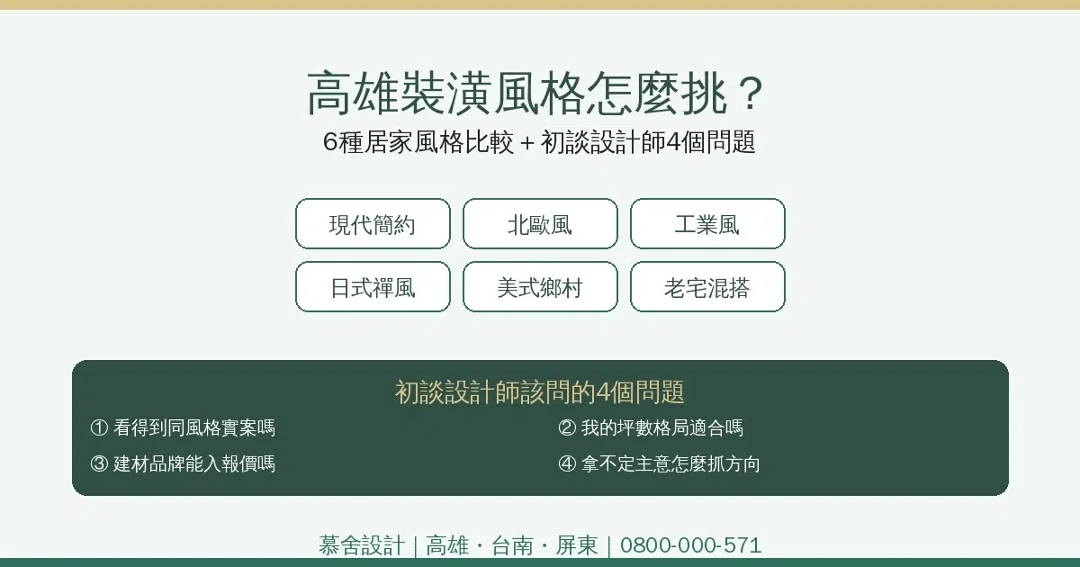 高雄裝潢風格怎麼挑資訊圖：6種常見居家風格比較與初談設計師4個關鍵問題