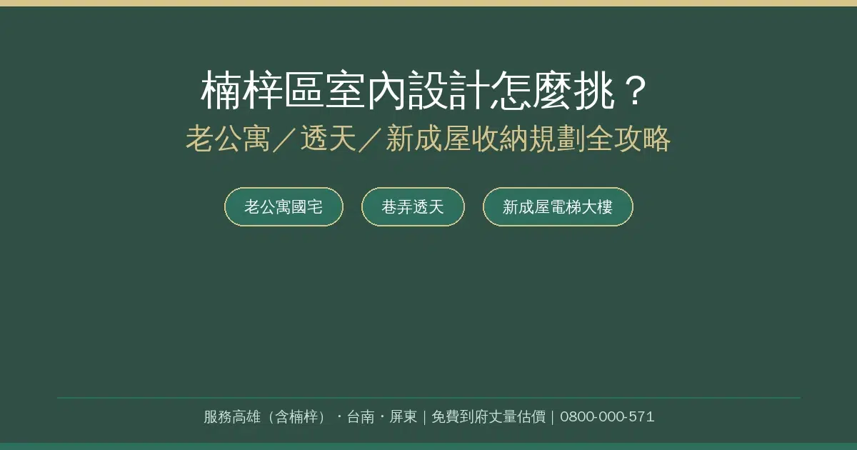 楠梓區室內設計資訊圖：老公寓國宅、巷弄透天與新成屋三種屋型收納規劃比較