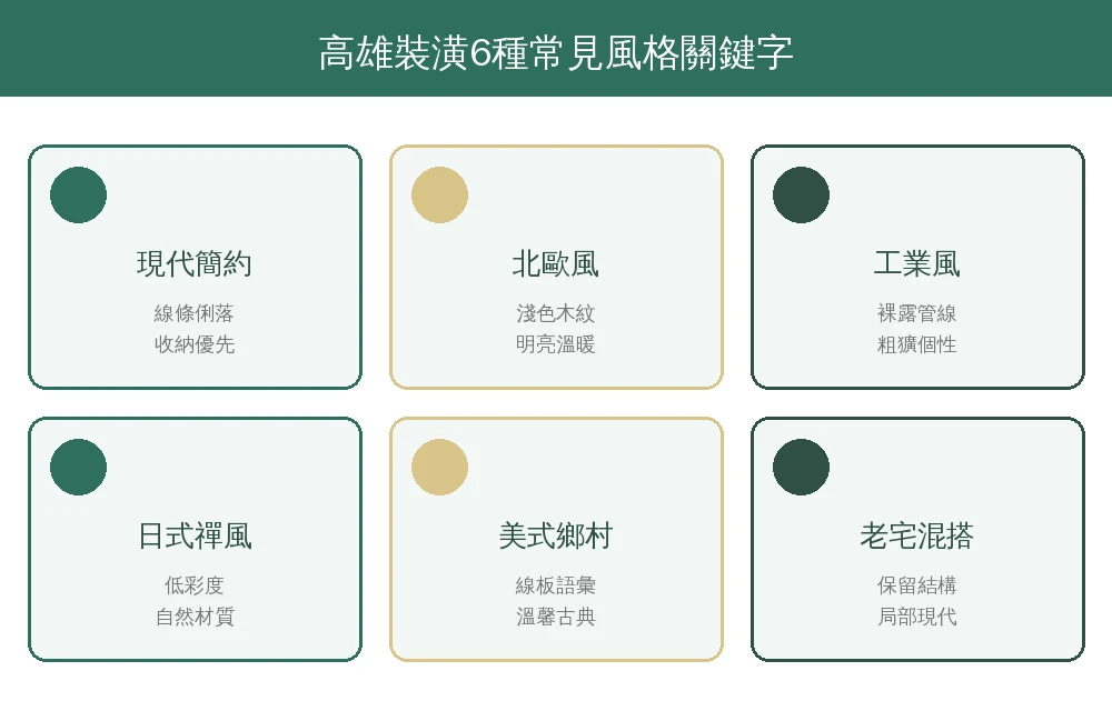 高雄裝潢6種風格關鍵字資訊圖：現代簡約、北歐風、工業風、日式禪風、美式鄉村、老宅混搭